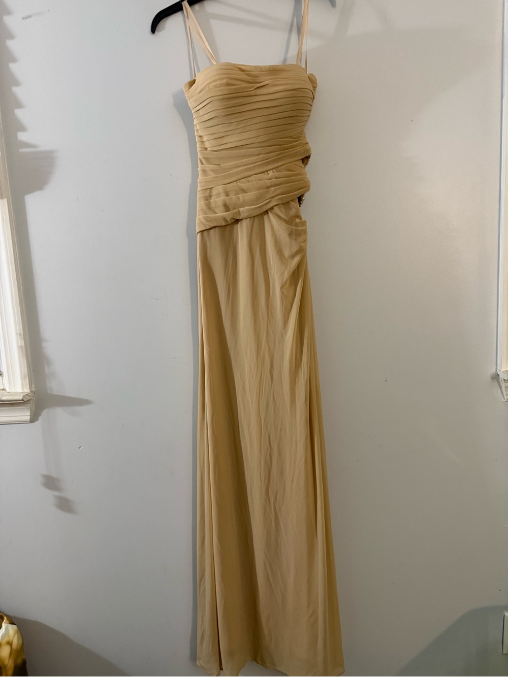 La Femme Champagne Strapless Ruched Maxi Gown